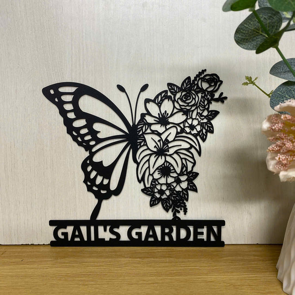 Personalized Floral Butterfly Metal Wall Hanging Sign, Custom Name Butterfly Garden Monogram Metal Wall Art, Floral Butterfly Metal Garden Sign