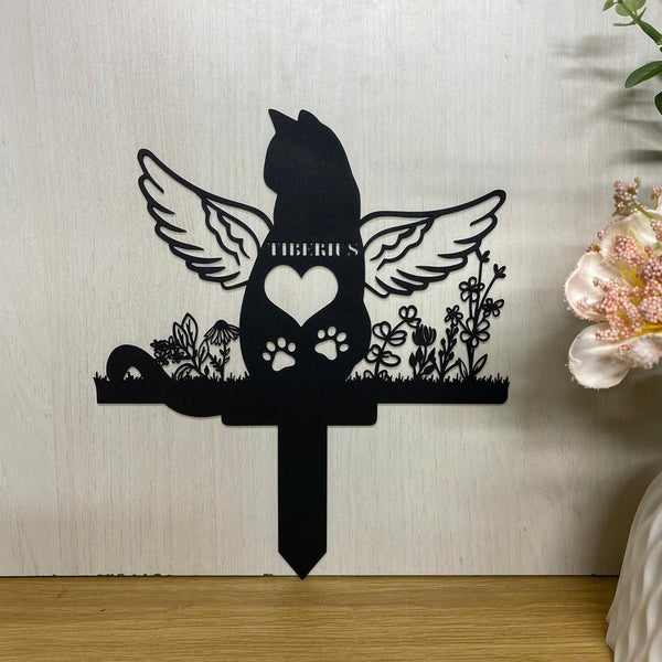 Custom Cat With Wings Memorial Garden Stake, Flower Angel Cat Metal Garden Stake, Personalized Name Cat Metal Yard Sign, Metal Cat Grave Marker