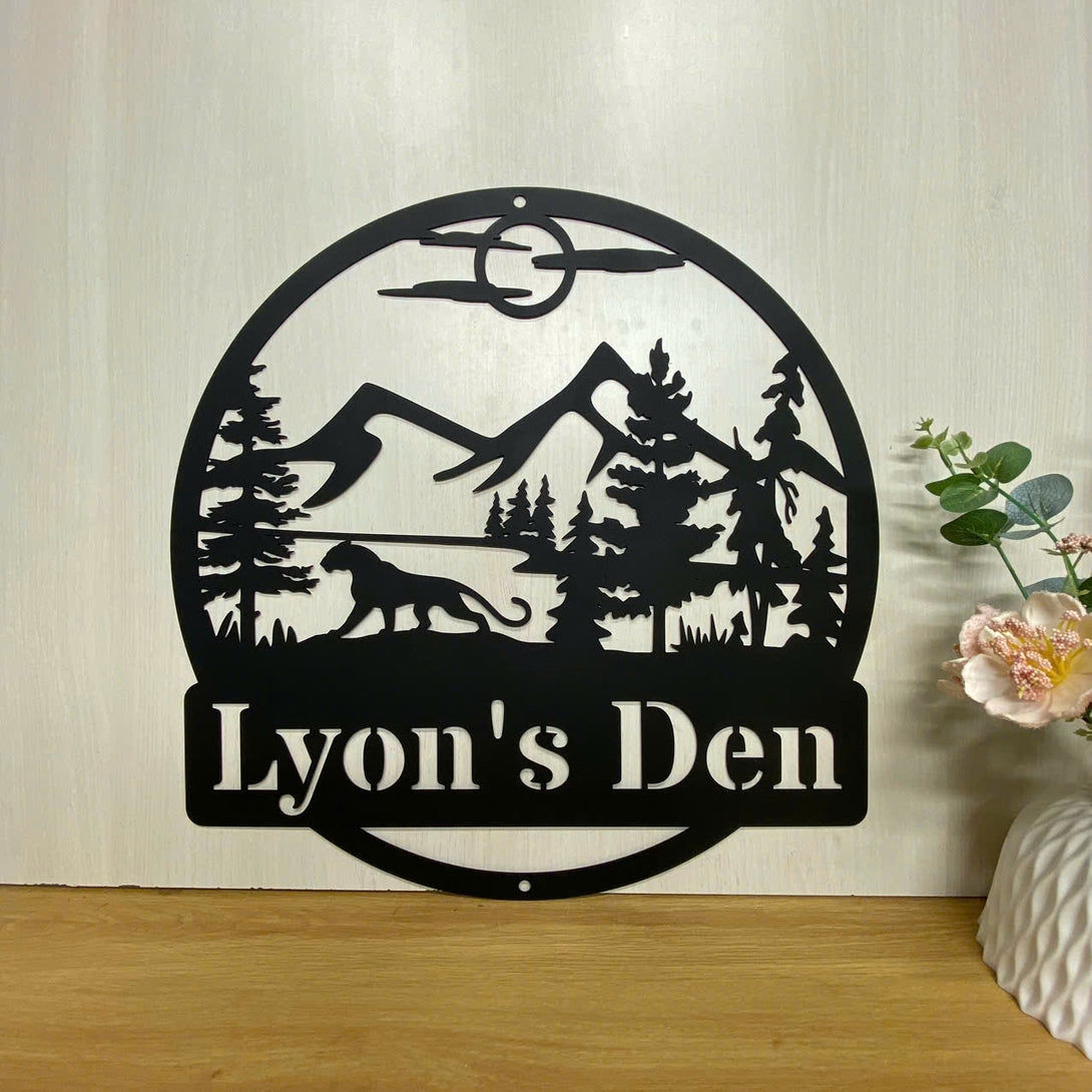 Personalized Mountain Forest Panther Metal Wall Art, Custom Mountain Forest Family Name Metal Sign, Wildlife Panther Cabin House Outdoor Metal Sign
