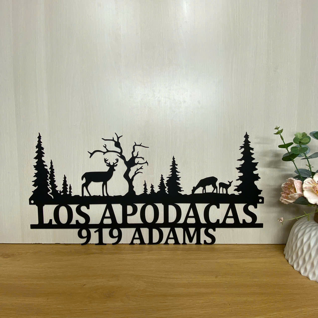 Personalized Forest Deer Hunting Metal Address Sign, Custom Family Name Wildlife Deer Address Metal Sign, Deers In Woods Cabin Metal Wall Hanging
