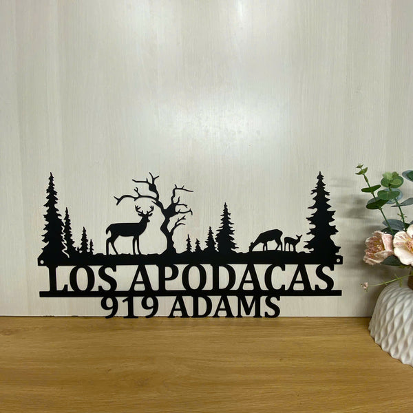 Personalized Forest Deer Hunting Metal Address Sign, Custom Family Name Wildlife Deer Address Metal Sign, Deers In Woods Cabin Metal Wall Hanging