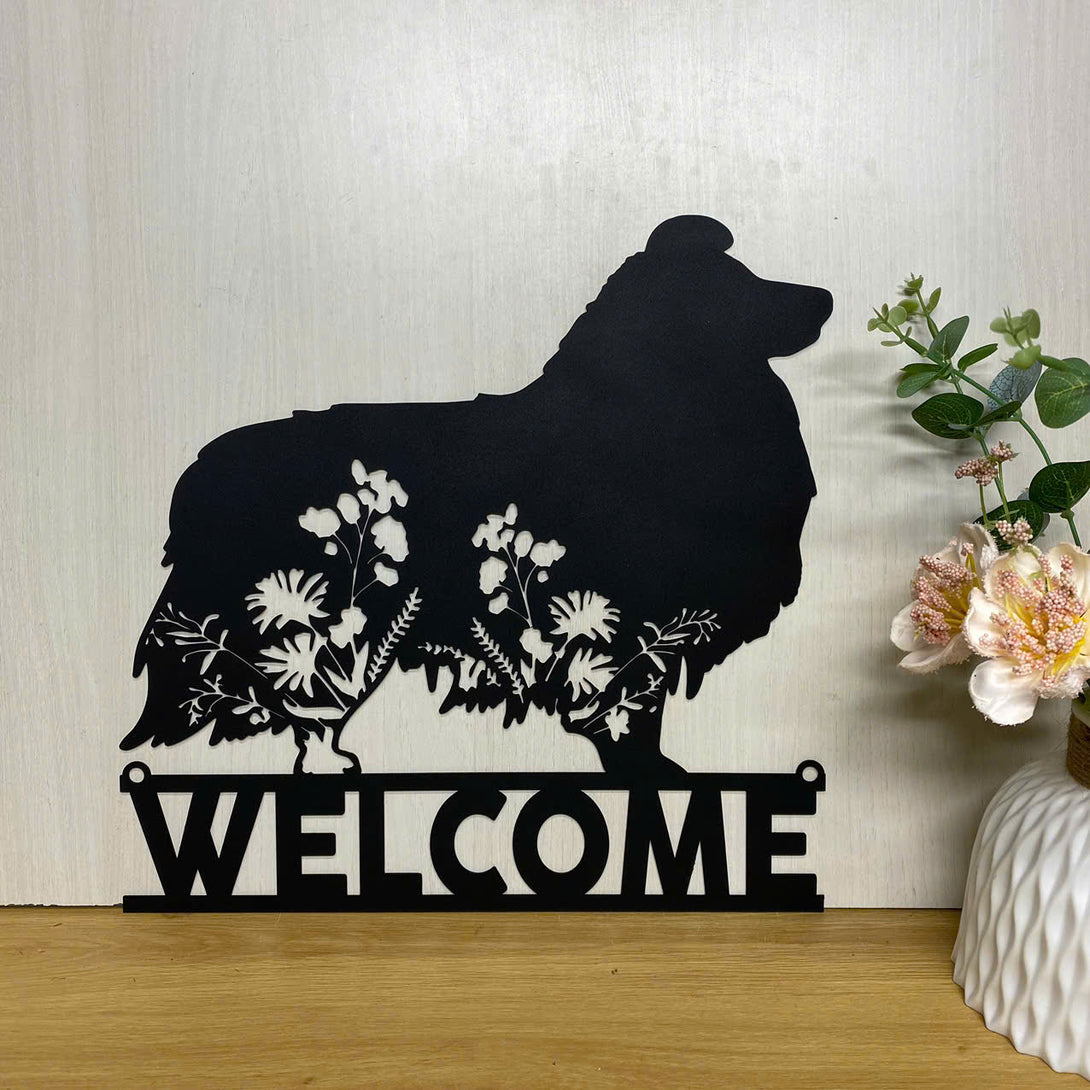 Custom Floral Shetland Sheepdog Metal Wall Hanging, Personalized Flower Sheltie Dog Metal Name Sign, Dog House Metal Sign, Dog Lover Metal Home Decor