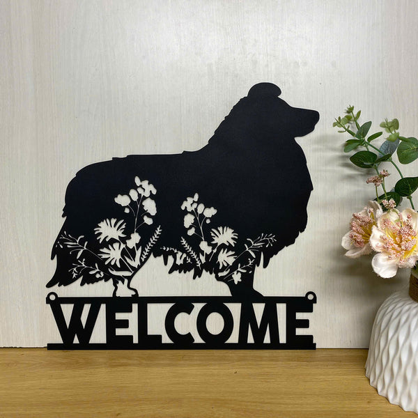 Custom Floral Shetland Sheepdog Metal Wall Hanging, Personalized Flower Sheltie Dog Metal Name Sign, Dog House Metal Sign, Dog Lover Metal Home Decor