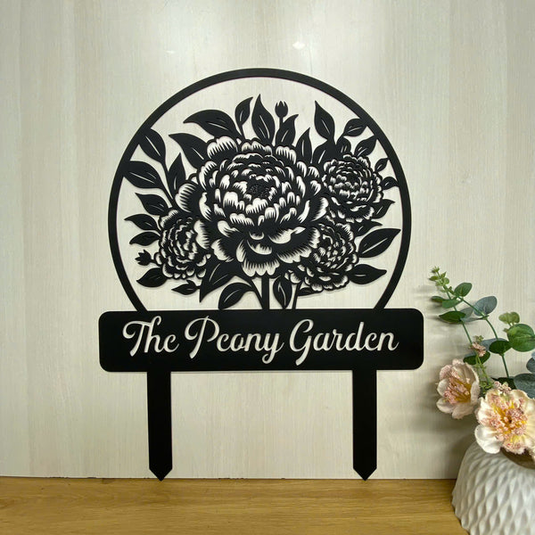 Custom Peony Flower Garden Metal Stake, Metal Peony Flowers Garden Yard Sign, Custom Gardener Metal Name Sign, Metal Peony Garden Stake Outdoor Decor