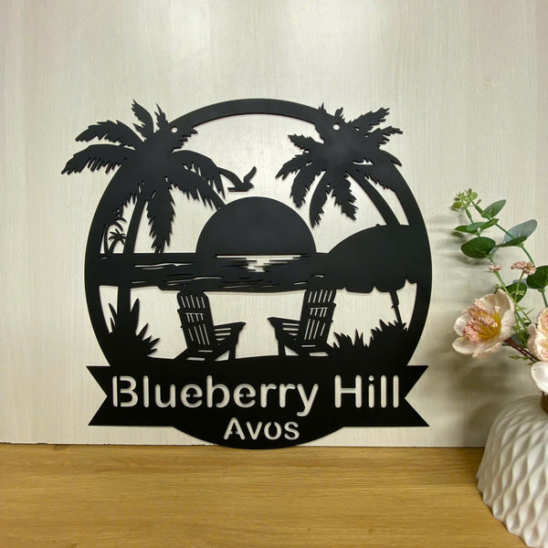 Custom Palm Tree Beach House Metal Wall Art, Personalized Sunset Beach Metal Name Sign, Poolside Tiki Bar Metal Wall Hanging Outdoor Decor