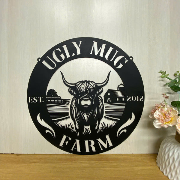 Custom Highland Cow Farmhouse Metal Sign, Highland Cow Monogram Metal Farm Sign, Highland Cattle Metal Wall Art, Highland Cow Farm Metal Wall Hanging