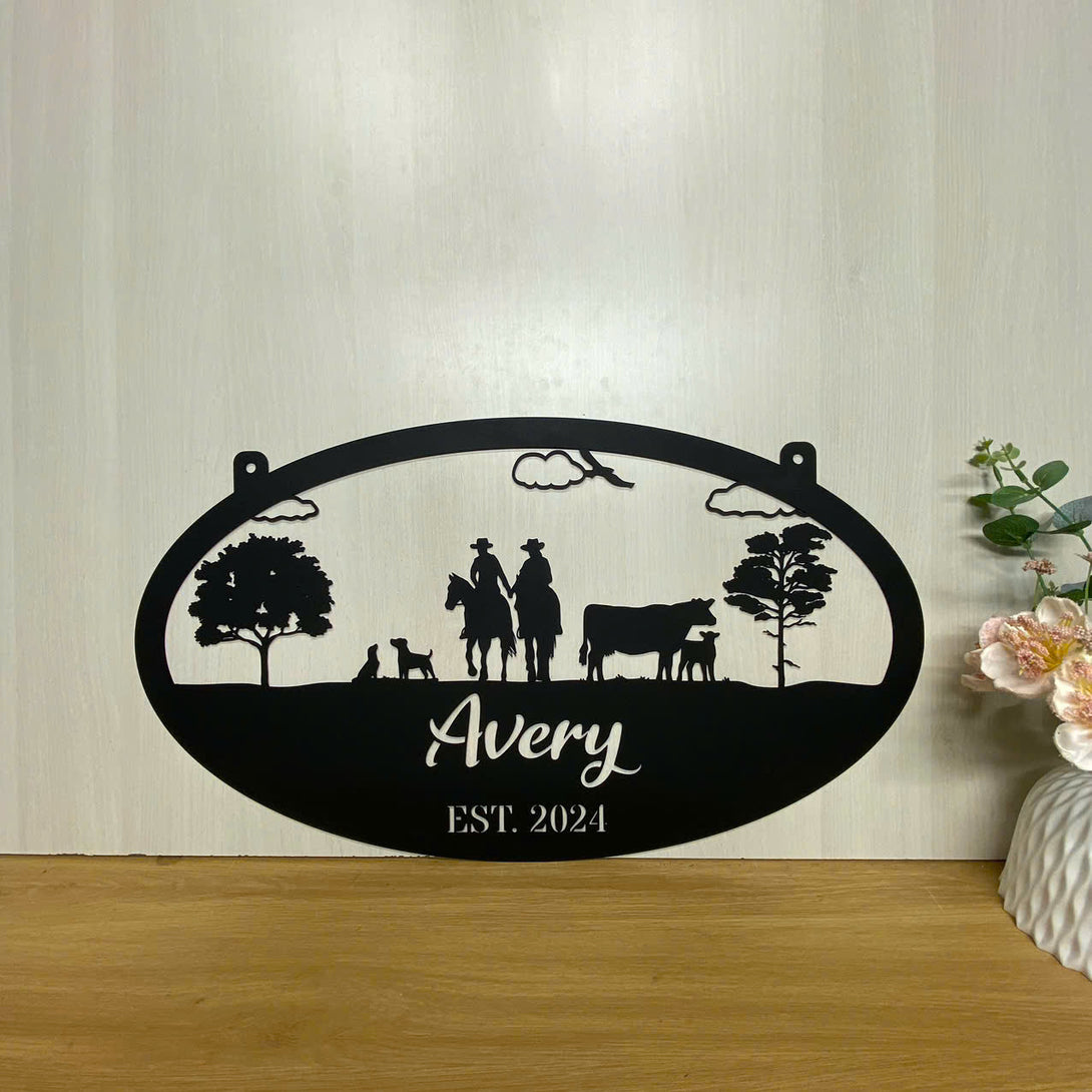 Custom Family Name Farm Ranch Metal Sign, Personalized Cowboy Couple Metal Farm Sign, Metal Cattle Farm Name Sign, Western Cowboy Lover Metal Wall Art