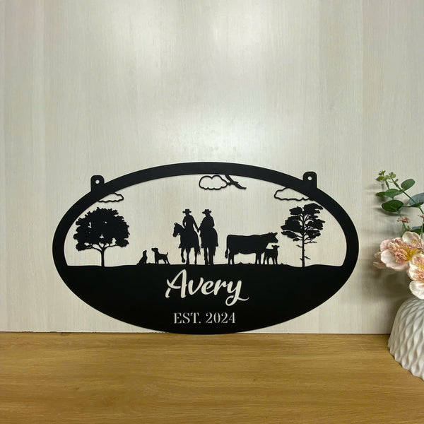 Custom Family Name Farm Ranch Metal Sign, Personalized Cowboy Couple Metal Farm Sign, Metal Cattle Farm Name Sign, Western Cowboy Lover Metal Wall Art