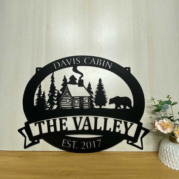 Personalized Cabin Cottage Metal Wall Art, Custom Family Name Metal Sign, Metal Cabin Forest Man Cave Sign, Outdoor Hunting Farmhouse Metal Wall Sign