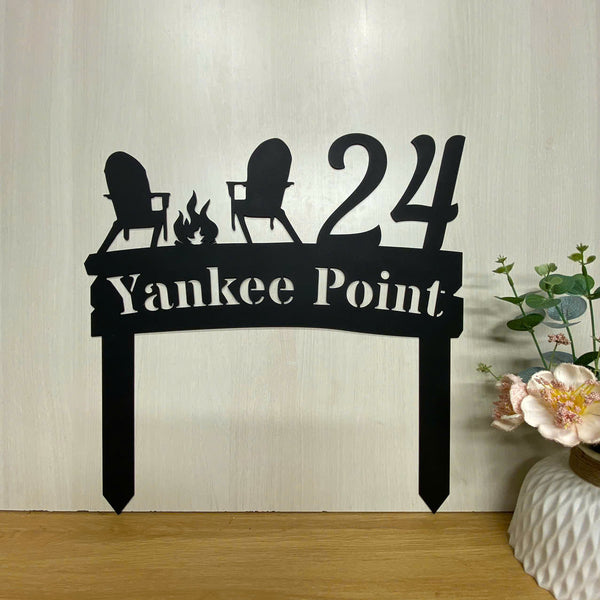 Custom Firepit Camping Address Metal Sign With Stake, Personalized Family Name Campsite Metal Stake, Metal Address Sign, Great Outdoor Camping Sign