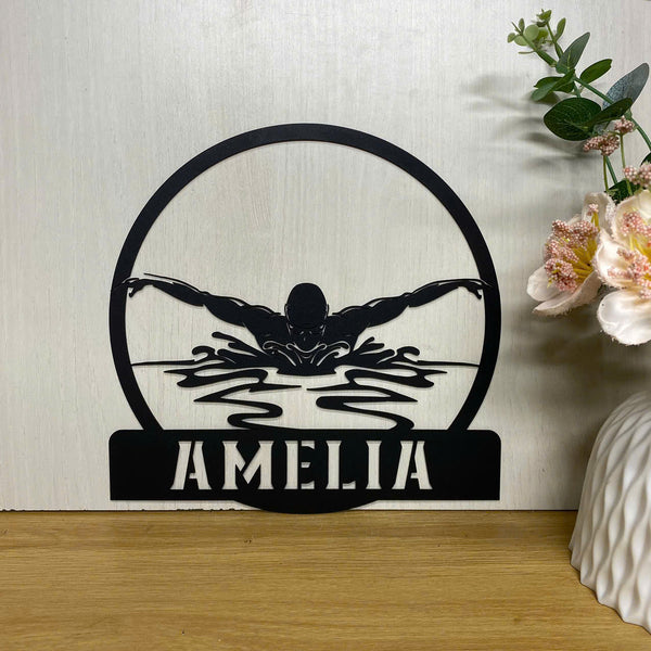 Custom Man Swimmer Metal Wall Art, Personalized Swimming Metal Name Sign, Swim Team Name Sign Home Decor, Swimming Lover Kids Room Metal Sign