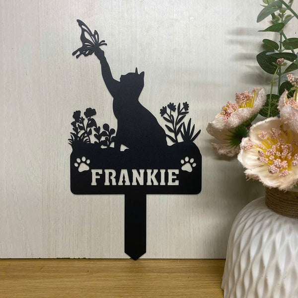 Custom Name Cat Memorial Metal Stake, Metal Cat With Butterfly Garden Stake, Personalized Cat Name Metal Yard Sign, Metal Cat Memorial Garden Sign