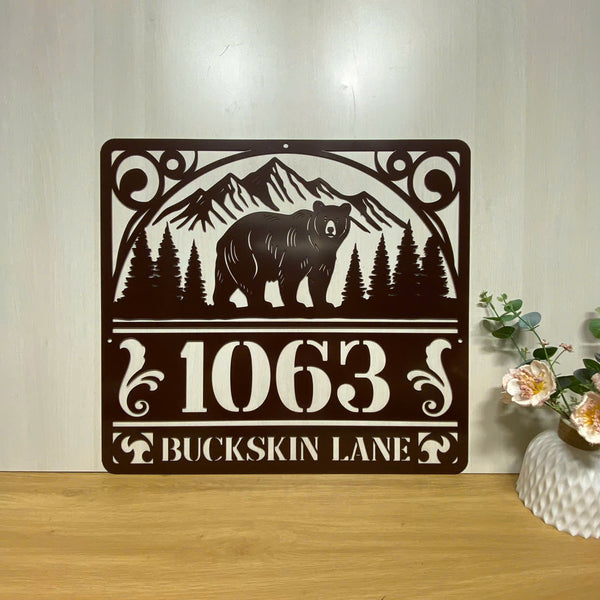 Personalized Bear Forest Cabin Metal Address Sign, Custom Address Number Bear Metal Sign, Mountain Bear Metal Name Sign, Bear Man Cave Metal Sign