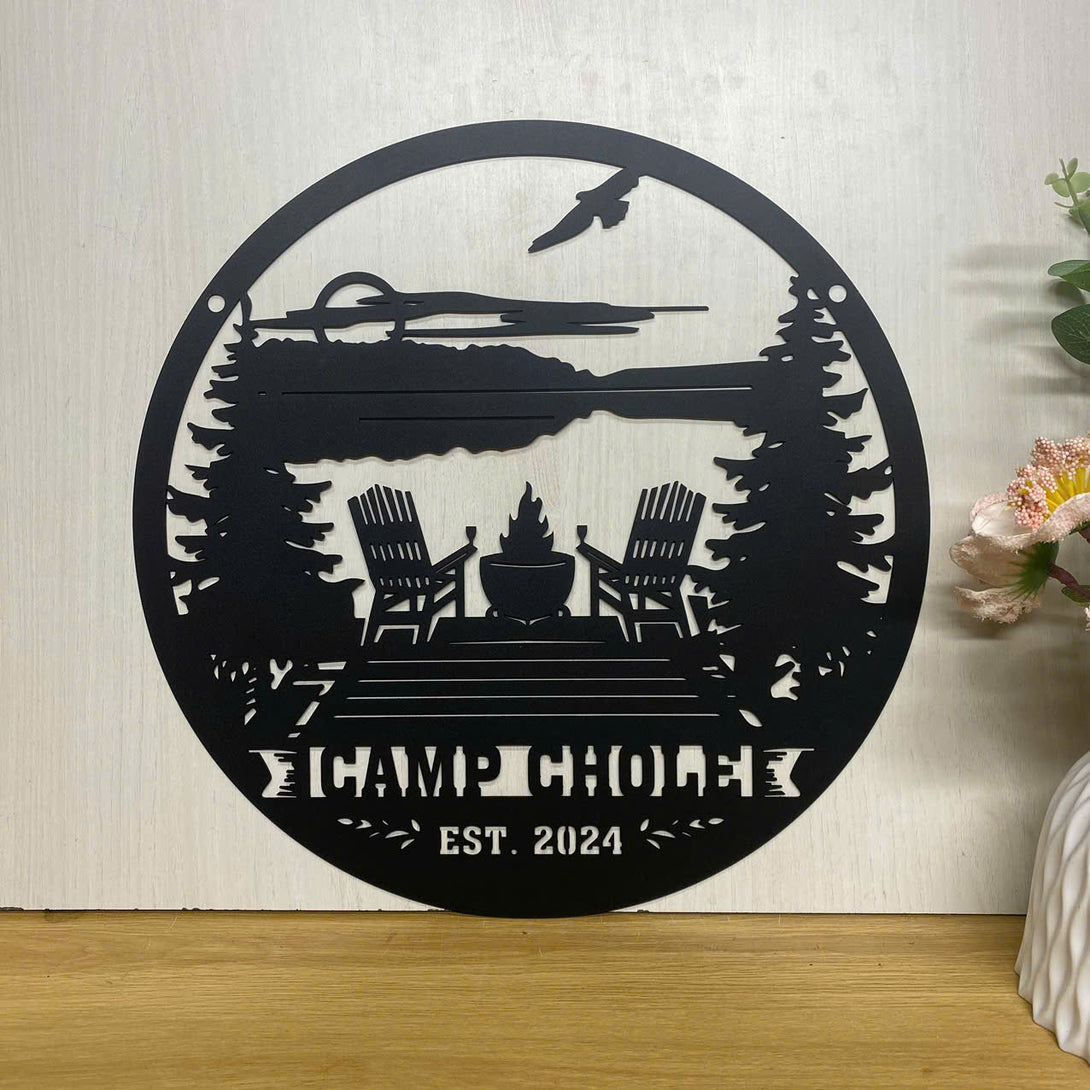 Personalized Lake House Camping Metal Sign, Custom Lake House Campfire Metal Art, Lake Scene Camping Sign, Camping Campfire Family Name Metal Sign
