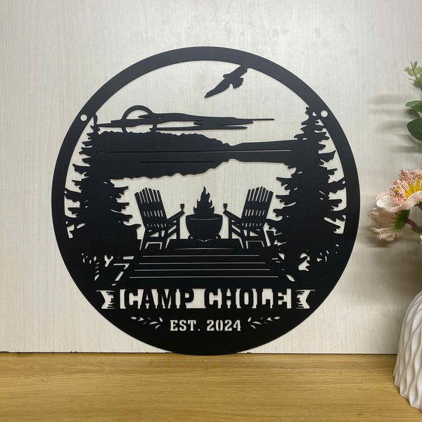 Personalized Lake House Camping Metal Sign, Custom Lake House Campfire Metal Art, Lake Scene Camping Sign, Camping Campfire Family Name Metal Sign