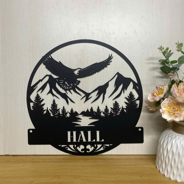 Custom Mountain Forest Eagle Metal Name Sign, Outdoor Eagle Monogram Metal Wall Art, Wild Eagle Front Door Cabin Metal Sign, Eagle Housewarming Sign