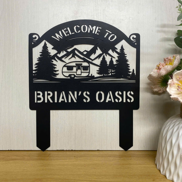 Custom Mountain Camping Metal Yard Sign With Stake, Personalized Family Name Campsite Metal Stake, Great Outdoor Camping Sign, Metal Happy Camper Sign