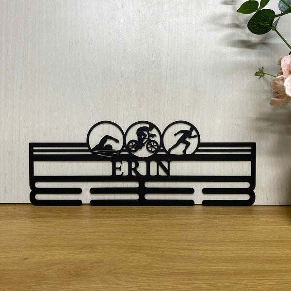 Custom Triathlon Medal Holder Metal Wall Sign, Triathlon Medal Hanger With Name, 8 Rungs For Medals & Ribbons, Triathlon Athletics Award Medal Display
