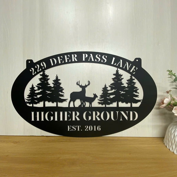 Personalized Forest Deers Family Name Metal Wall Art, Wildlife Deer Hunting Metal Cabin Address Sign, Custom Wild Deer Farmhouse Metal Name Sign