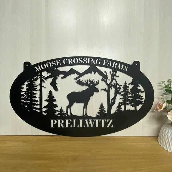 Personalized Mountain Forest Moose Metal Wall Art, Custom Family Name Moose Hunting Metal Sign, Moose Farmhouse Cabin Lodge Man Cave Metal Wall Sign