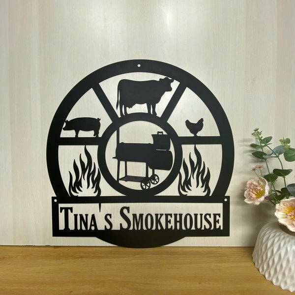 Custom Cow Pig Meat Shop Smokehouse Metal Wall Art, Personalized Butcher Shop Name Metal Sign, Steak Pork Barbecue Grill Backyard Metal Sign
