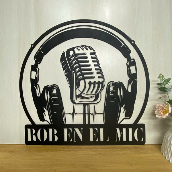 Personalized Microphone Headphones Metal Sign, Custom Musician Name Music Studio Metal Wall Art, Music Room Metal Wall Hanging, Music Lover Room Decor