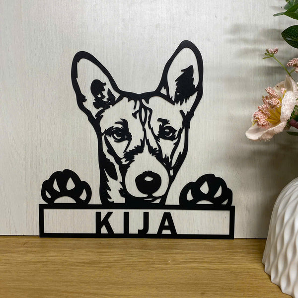 Personalized Peeking Dog Metal Wall Hanging Art, Custom Basenji Dog Name Metal Front Porch Sign, Dog Metal Address Wall Hanging, Pet Name Metal Decor