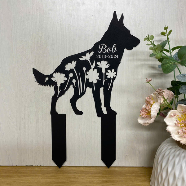 Custom Metal German Shepherd Memorial Stake, German Shepherd Metal Grave Marker, Personalized Dog Loss Metal Yard Stake, Floral Dog Metal Garden Decor