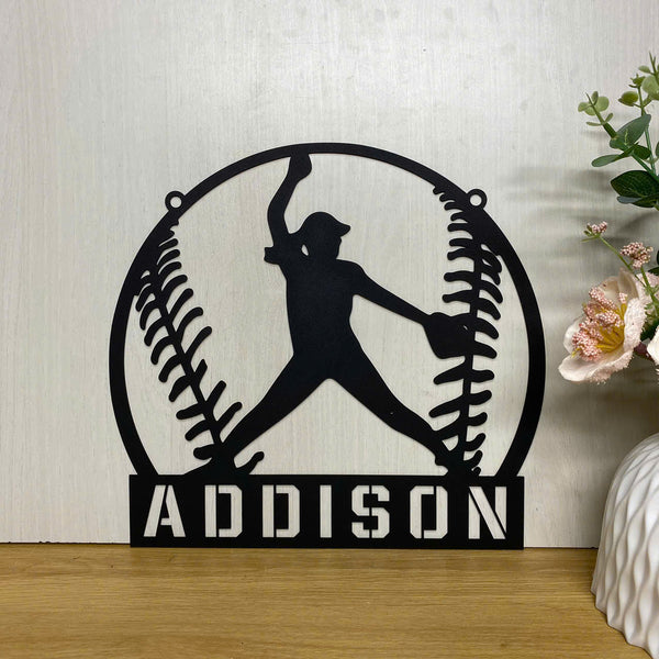 Custom Female Baseball Metal Wall Art, Personalized Softball Player Metal Name Sign, Baseball Sport Lovers Kid Nursery Metal Wall Sign Decor