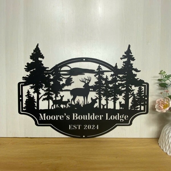 Personalized Family Name Forest Deer Metal Sign, Custom Wildlife Metal Wall Art, Deer Ranch Metal Hanging Sign, Custom Mountain Deer Metal Farm Sign