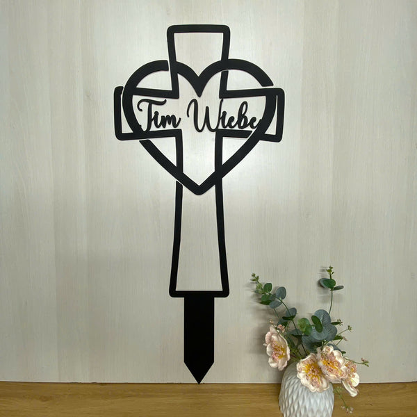 Personalized Cross With Heart Memorial Garden Stake, Loss Of Loved One Cross Sympathy Sign, Cross Memorial Plaque With Stake, Metal Remembrance Stake