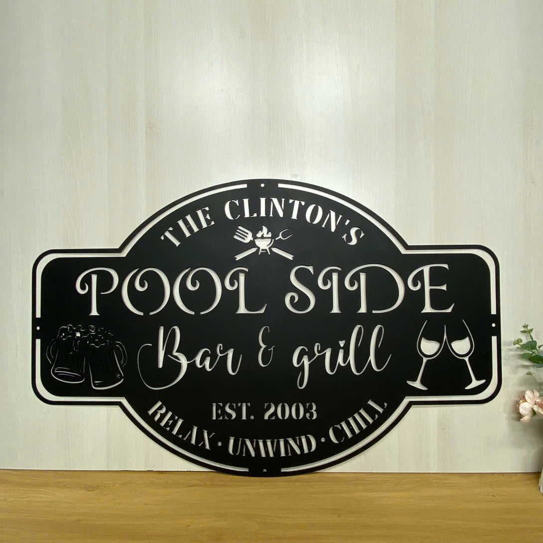 Personalized Poolside Bar & Grill Metal Wall Art, Custom Welcome Poolside Patio Metal Wall Hanging, Poolside Backyard Metal Outdoor Decor