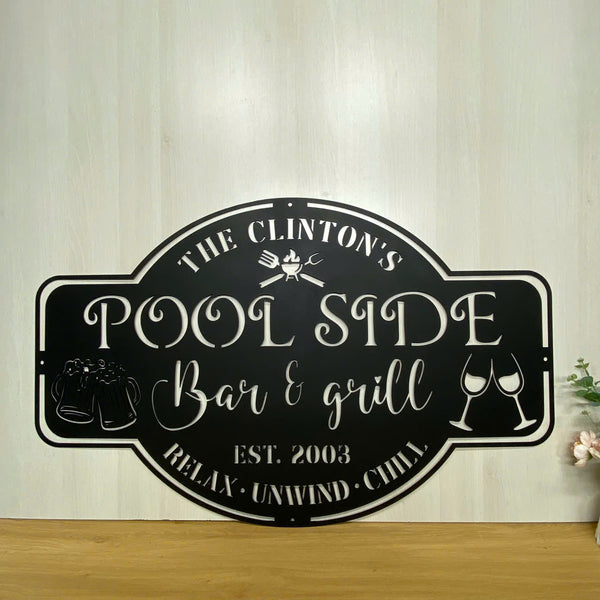 Personalized Poolside Bar & Grill Metal Wall Art, Custom Welcome Poolside Patio Metal Wall Hanging, Poolside Backyard Metal Outdoor Decor
