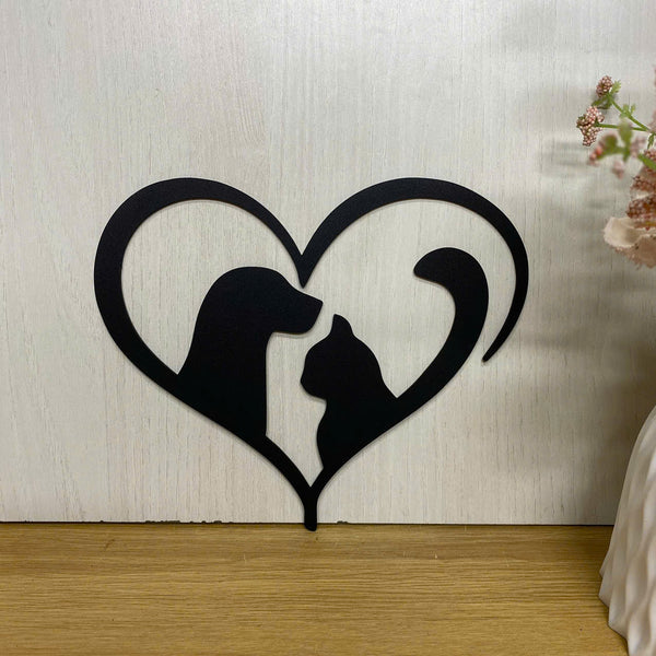Dog And Cat With Heart Metal Wall Art, Cat And Dog Minimalist Metal Sign Wall Decor, Pet Clinic Metal Sign, Dog And Cat Silhouette Metal Home Decor
