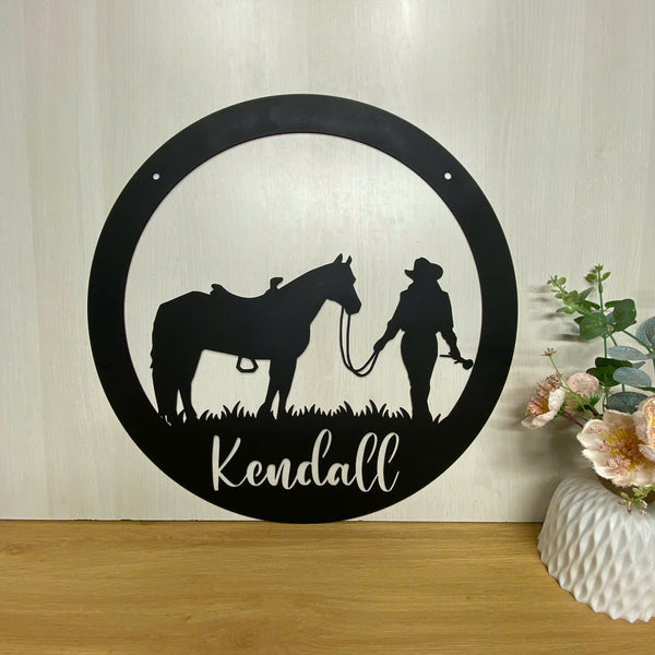 Personalized Cowgirl With Horse Metal Sign With Name, Custom Cowgirl Metal Name Sign, Country Girl Metal Wall Art, Horse Lovers Metal Wall Sign Decor