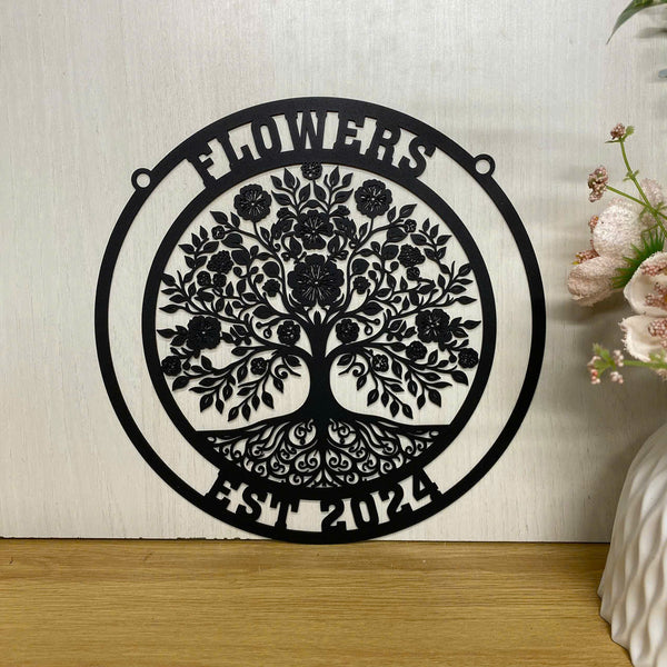 Personalized Flowers Tree Of Life Monogram Metal Wall Art, Custom Family Name Tree Of Life Metal Home Decor, Flowers Tree Of Life Metal Name Sign