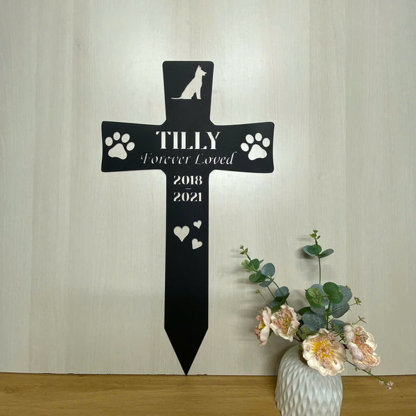 Personalized Dog Cross Memorial Metal Stake, Custom Dog With Paw Cross Metal Garden Stakes, Pet Loss Metal Yard Sign, Dog Grave Markers Cross Sign