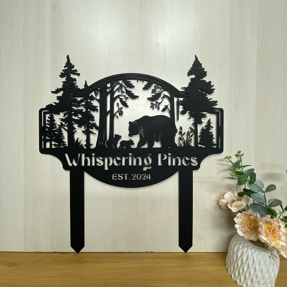 Personalized Bears In Woods Metal Stake, Custom Family Name Forest Bear Metal Yard Decor, Wild Bears Metal Sign With Stake, Bear Man Cave Metal Sign