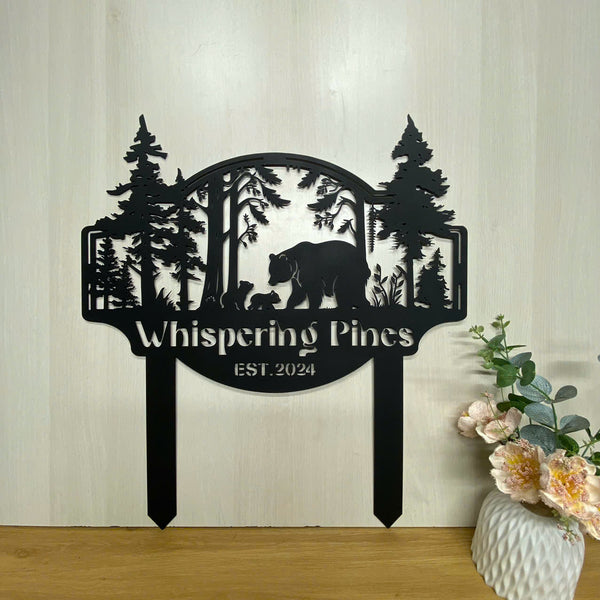 Personalized Bears In Woods Metal Stake, Custom Family Name Forest Bear Metal Yard Decor, Wild Bears Metal Sign With Stake, Bear Man Cave Metal Sign