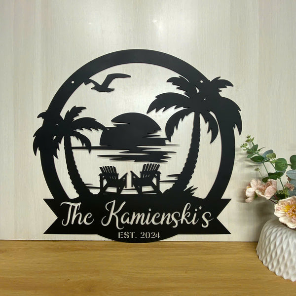 Personalized Sunset Beach House Metal Name Sign, Custom Palm Tree Beach House Metal Wall Art, Family Name Poolside Metal Wall Sign Outdoor Decor