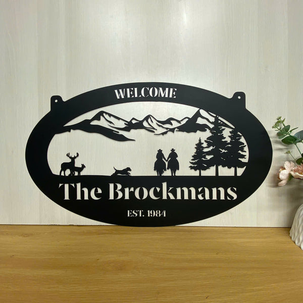 Custom Mountain Ranch Family Name Metal Sign, Personalized Cowboy Couple Metal Farm Sign, Metal Horse Farm Sign, Western Cowboy Lover Metal Wall Art
