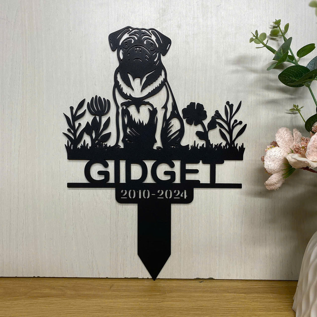 Personalized Pug Dog Memorial Metal Garden Stake, Custom Pug Dog With Flowers Metal Yard Sign, Dog Loss Metal Grave Marker, Pug Loss Remembrance Stake