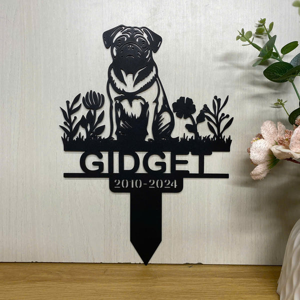 Personalized Pug Dog Memorial Metal Garden Stake, Custom Pug Dog With Flowers Metal Yard Sign, Dog Loss Metal Grave Marker, Pug Loss Remembrance Stake