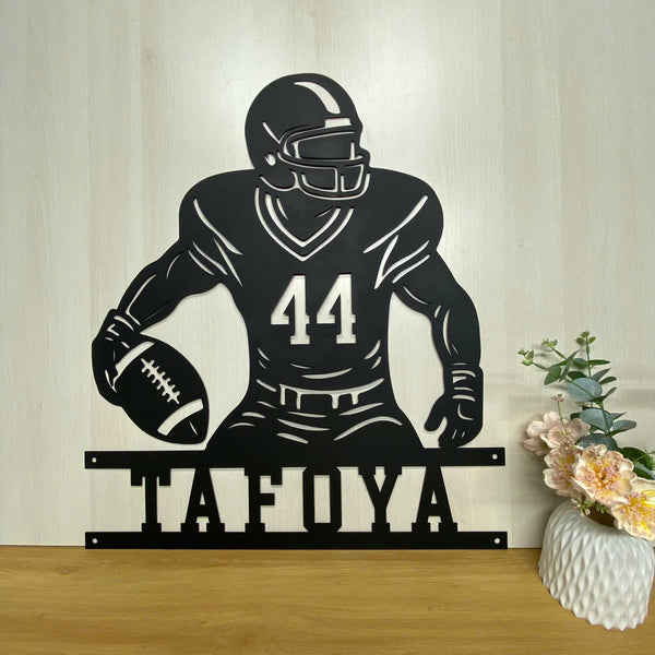 Custom American Football Player Metal Wall Hanging Art, Personalized Football Player Metal Name Sign, Football Lover Kids Room Metal Sign Wall Decor