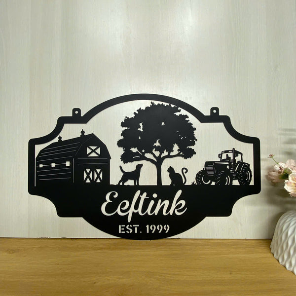 Custom Farmhouse Entrance Metal Sign, Personalized Family Name Metal Farm Sign, Metal Farm Tractor Sign, Tractor Barn Ranch Metal Sign Decor