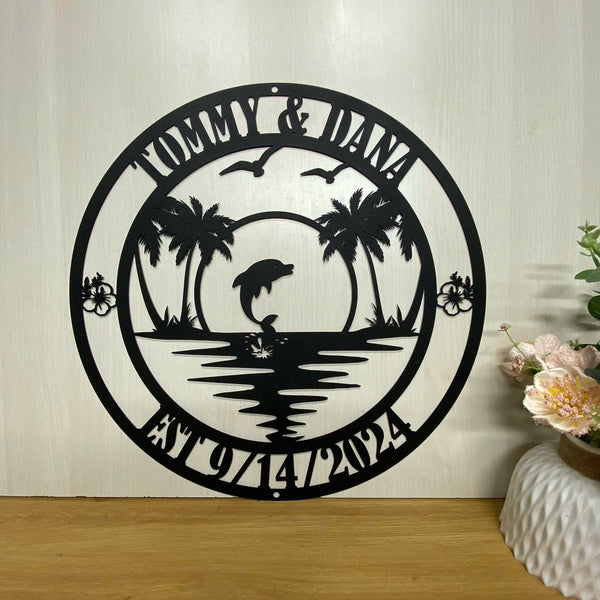Personalized Palm Tree Sunset Beach House Monogram Metal Sign, Custom Poolside Oasis Metal Wall Sign, Poolside Patio Tiki Bar Metal Wall Outdoor Decor