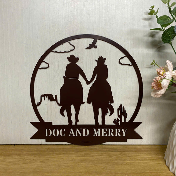 Custom Western Cowboy Couple Riding Horse Metal Sign, Personalized Couple Cowboy Family Name Metal Sign, Desert Cactus Cowboy Metal Wall Art Decor