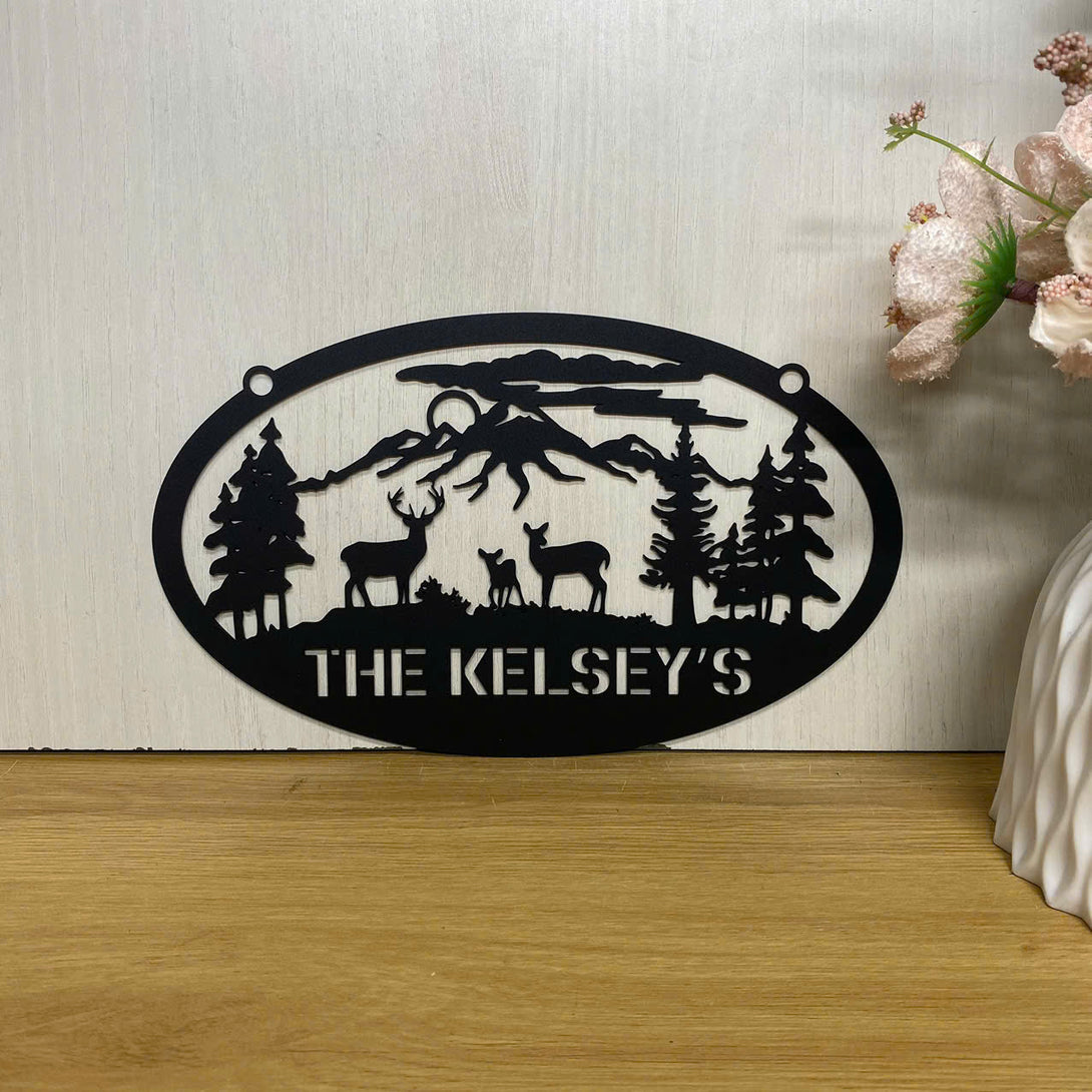Personalized Mountain Forest Deers Family Name Metal Sign, Wildlife Deer Hunting Metal Cabin Address Sign, Custom Wild Deer Farmhouse Metal Name Sign
