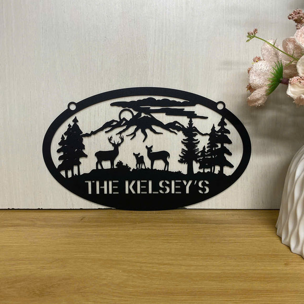 Personalized Mountain Forest Deers Family Name Metal Sign, Wildlife Deer Hunting Metal Cabin Address Sign, Custom Wild Deer Farmhouse Metal Name Sign