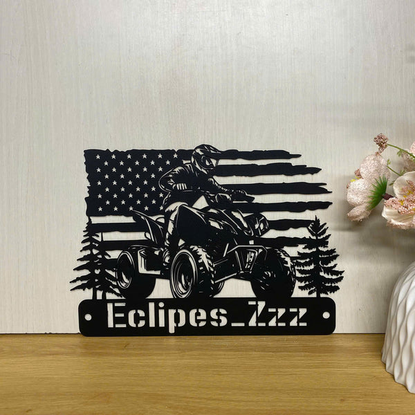 Custom Us Flag Atv Quad Biker Metal Wall Art, Personalized All-terrain Vehicle Metal Name Sign, Terrain Vehicle Atv 4 Wheels Garage Metal Wall Sign